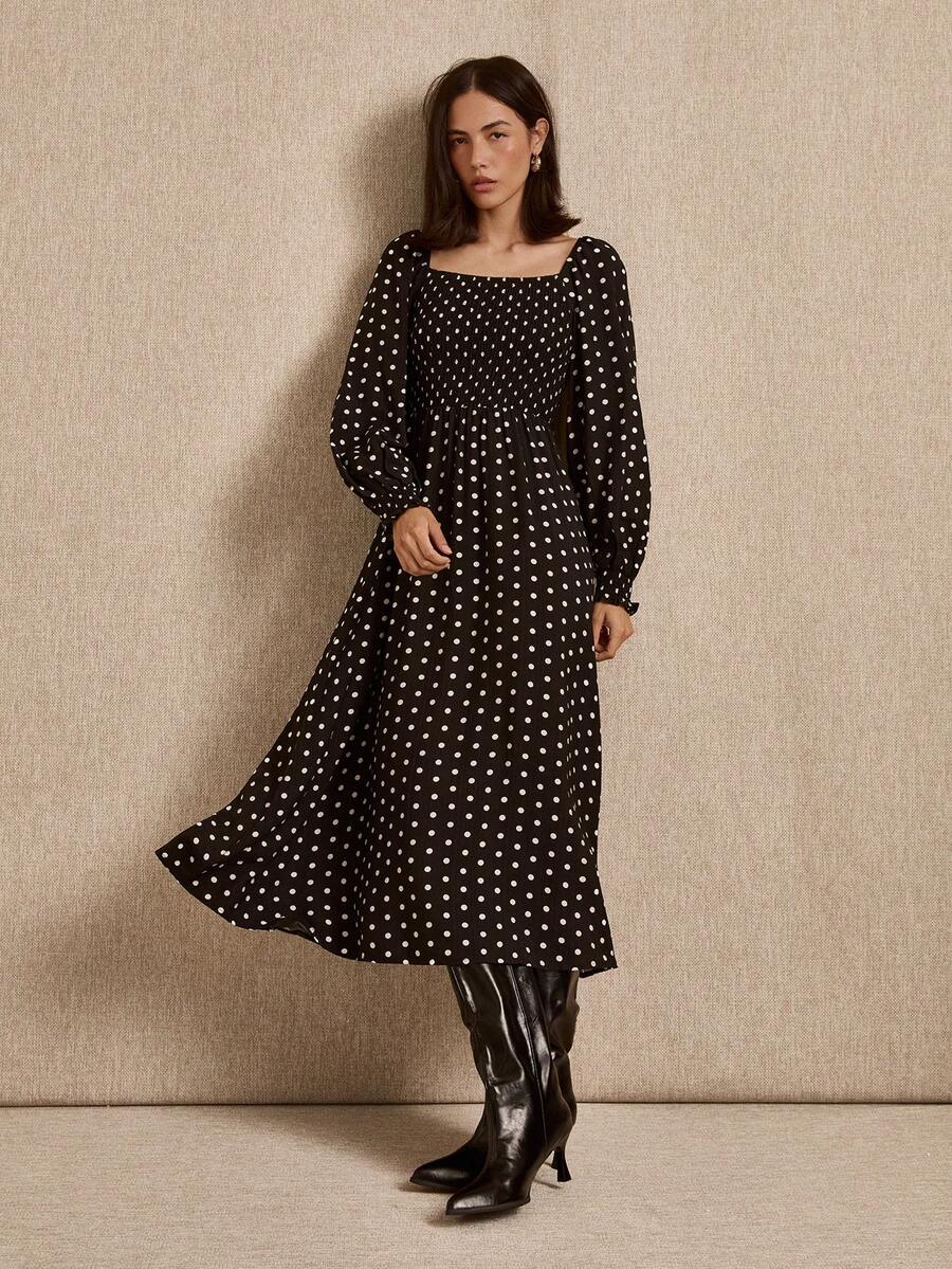 lacRébo Black Polka Dot Shirred Midi Dress, Square Neckline And Puff Long Sleeves With Shirred Cuff, Spring - Black - View 1