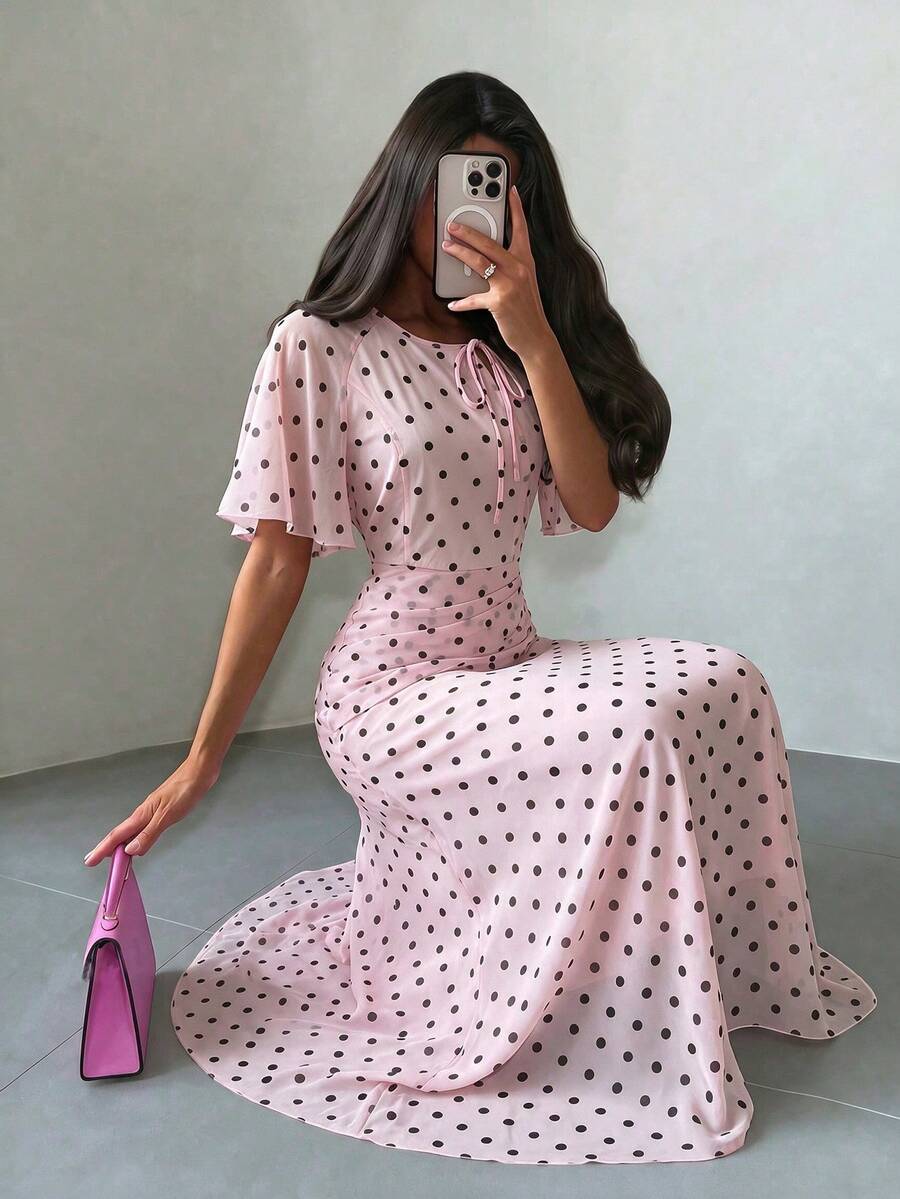 NOVVYNE 女款春夏季粉色編織短袖收腰A字版優雅浪漫長洋裝