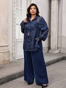 Chikora Plus Size Women's Printed Round Neck Batwing Sleeve Top Solid Straight Leg Pants With Pockets 2-Piece Set Dinner Formal Navy Blue Autumn Elegant Fall - Blue - View 4