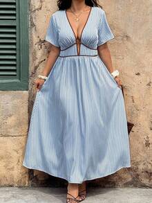 Vionelle Plus Size Women's Baby Blue Deep V-Neck Contrast Trim Short Sleeve High Waist Casual Sexy Dress Beach Vacation Vacation Summer - Blue - View 5