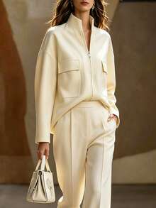 SHEIN Light Luxury Khaki Stand Collar Utility Pocket Thin Jacket, Loose Drop Shoulder Long Sleeve , Minimalist Commute Daily Versatile Relaxed Fit Jacket - Khaki - View 5