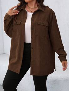SHEIN LUNE 大尺碼女款素色單排扣休閒日常長袖夾克 - 棕色 - 查看 3