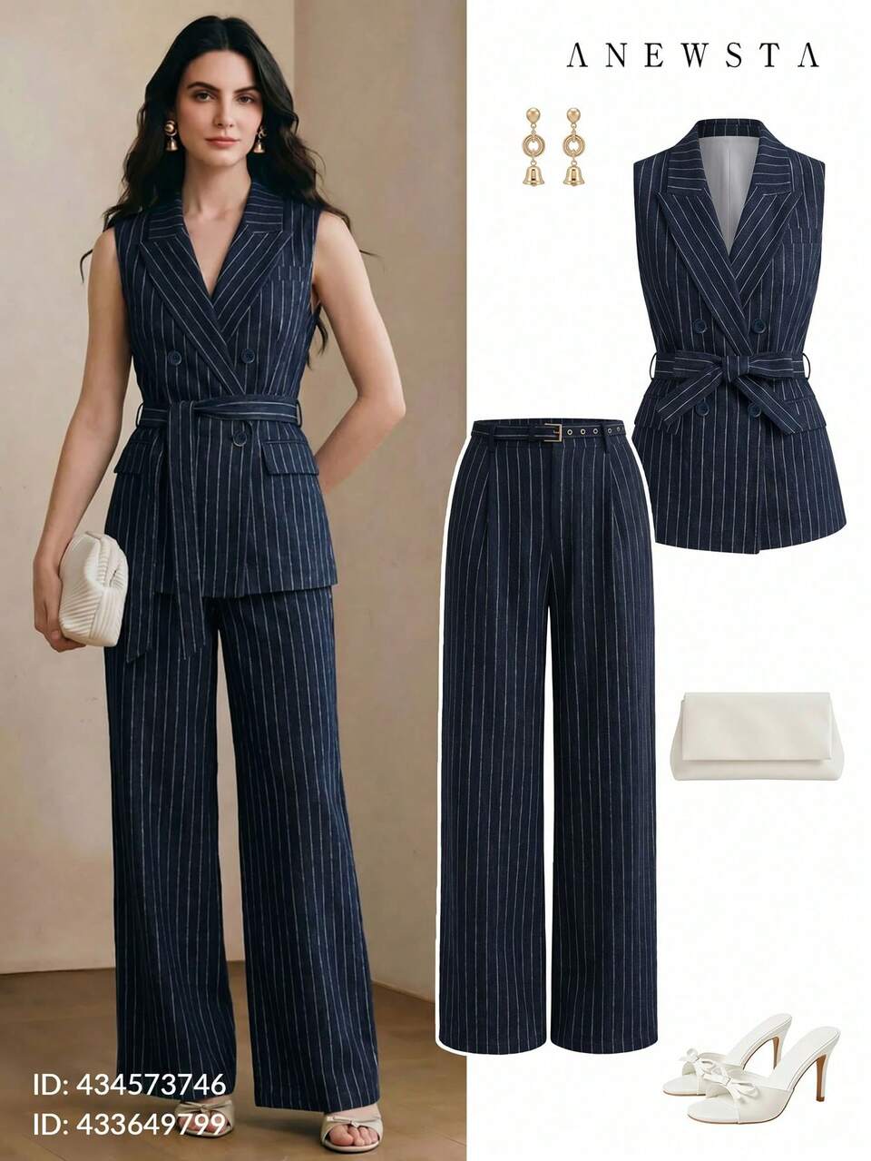 Anewsta Women's Fashion Casual Loose Vertical Striped Relaxed Straight Leg Pants, Suitable For Going Out, Leisure, Formal, Work