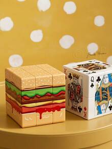 Joivida 1Pc Poker/Burger/Dollar Print 3x3 Puzzle Cube, UV-Printed Mirror-Style Irregular Cube, Creative Hamburger-Shaped Desktop Ornament For Office, Travel, Party, Birthday & Novelty Gift - Multicolor - View 4