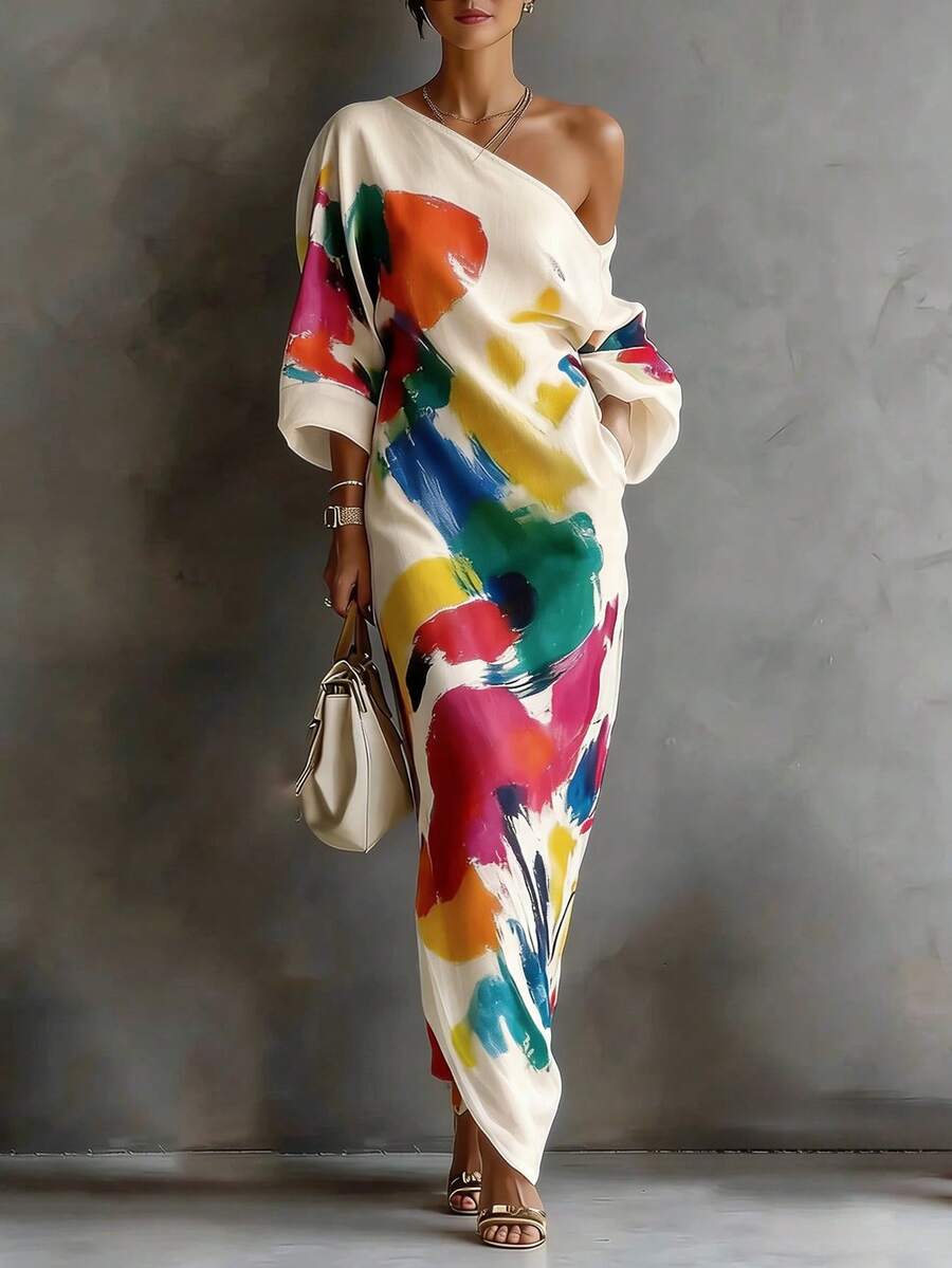 Balvessa Fashion Colorful Print Asymmetric Collar Dress - Apricot - View 1