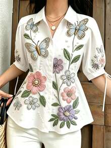 Franclia 優雅短袖女式襯衫上衣，修身收腰遮腹泡泡袖上衣 - 白色 - 查看 3