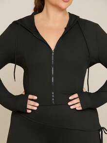 Lele Munniz Plus Size Black Solid Color Full Zip Hooded Casual Jacket,Fall Clothes For Women - Black - View 3