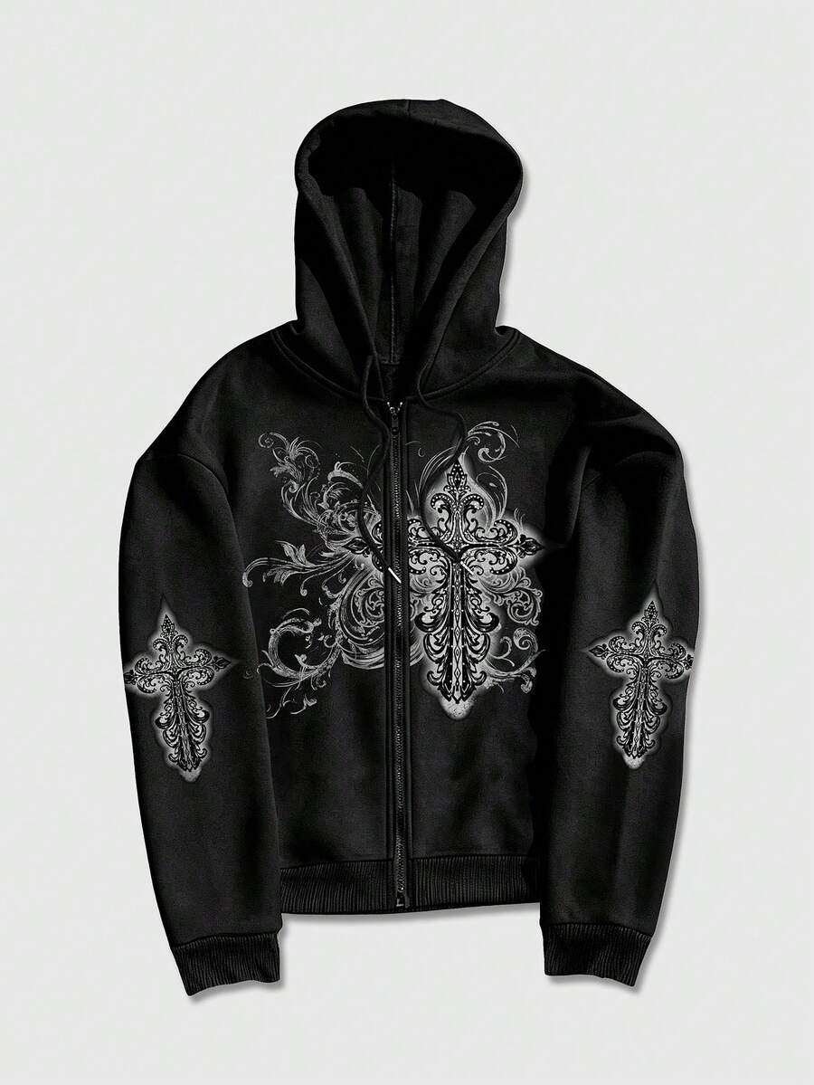 ROMWE MEN Goth Men's Cross Print Zip-Up Hoodie - Black - View 1
