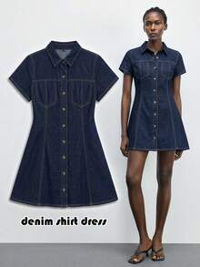 Maija Women's Summer Casual Retro Vintage 70S 70S Retro Front Button Denim Dress Everyday Party Navy Blue Autumn Outfit For Women - Dark Wash - View 3