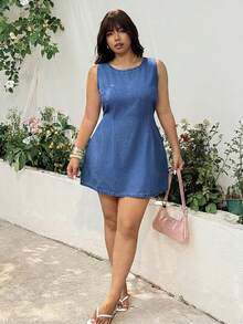 GalTyme Plus Size Fall Casual Kawaii Nice Loose Fit Sleeveless Denim Dress Brunch Going Out Beach Evening Birthday Light Blue - Medium Wash - View 3