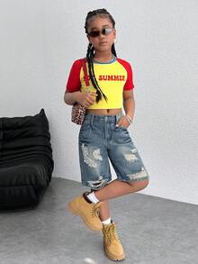 Tween女孩休閒日常牛仔短褲，附口袋、鈕扣與破洞設計 - 中等水洗藍 - 查看 5