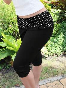 ROMWE Avant ROMWE X Isabelle Nguyen Spring/Summer Millennium Sicilian Holiday Vintage Polka Dot Patchwork Ruched Skinny Women 3/4 Pants - Black - View 4