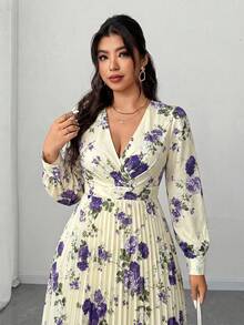 Elenzga 大码女式春夏度假、优雅浪漫派对、婚礼宾客碎花长袖V领褶皱飘逸长裙 - 彩色 - 查看 4
