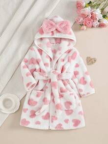 SHEIN 1pc Toddler Girl Fuzzy Hoodie Jacket Cute Pink White Bow Fleece Heart Print Long Sleeve Hooded Plush Birthday Party Winter Fall Autumn Christmas Gift - Pink - View 4