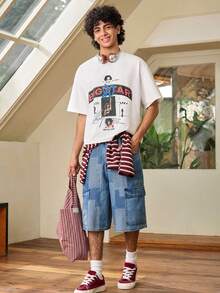 1pc Men's Vintage Washed Jacquard Patchwork Denim Cargo Shorts, Casual Street Style Denim Shorts - Blue - View 3