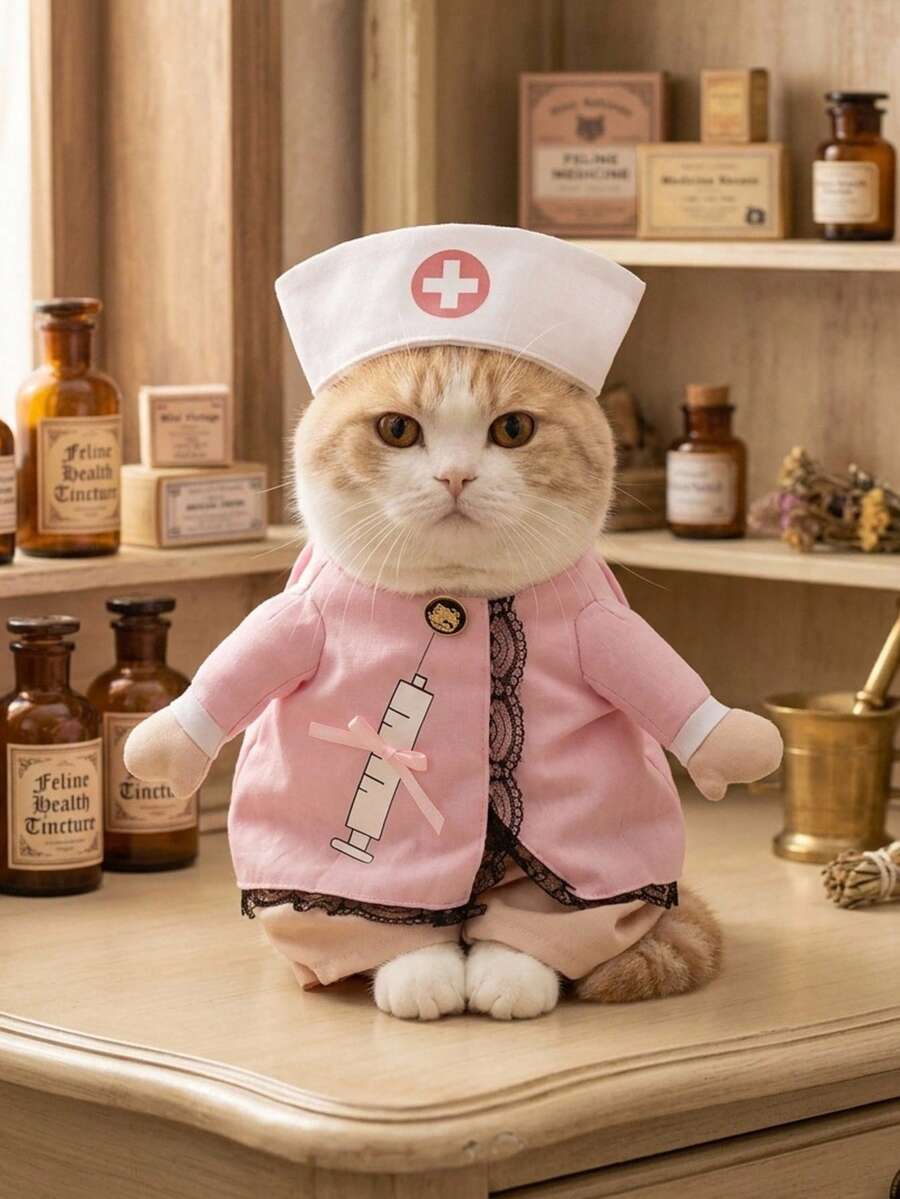 PETSIN 1 PC Halloween Pet Nurse Costume Cosplay With A Hat, Cat And Small Dog In Two Pieces Clothing - Pink - View 1