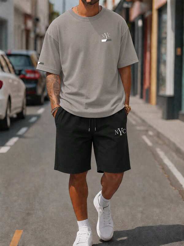 Sorvial Men's Fitted Knit Grey Top And Woven Black Shorts T-Shirt Set, Minimalist Slogan Print Design