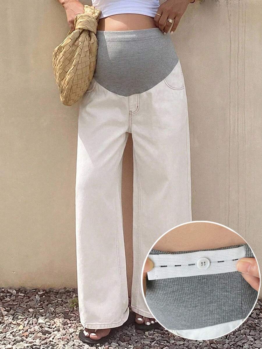 DAZY New Loose Casual Straight Leg White Denim Patchwork Adjustable Belly Support Long Maternity Jeans, All Season Fall - White - View 1