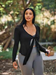 Voyena Women's Plus Size Solid Color Minimalist Long Sleeve Tie-Front Sports T-Shirt Fall - Black - View 1