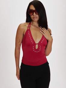 MUSERA Red Slinky Embellished Double Strap Halterneck Top Summer Holiday Ibiza Festival Black Lotus - Red - View 1