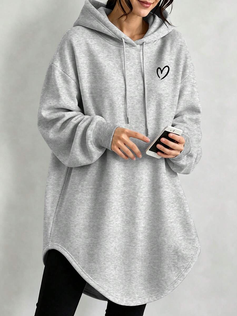 EMERY ROSE Women's Casual Heart Print Arched Hem Drawstring Sweatshirt, Autumn - Grey - View 1
