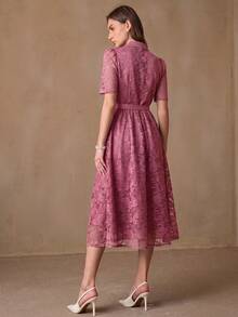 BELROSIE Elegant Elegant Women's Minimalist Chic Date Luxury High-End Exquisite Heavy Lace Fabric Shirt Collar With Belt Waist-Cinching Slimming A-Line Button-Up Front Short Sleeve Mid-Length Dress - Pink - View 8
