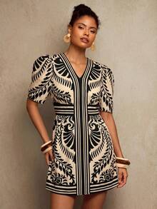 Travachic Vacation V-Neck Short Sleeve Fitted Women's Mini Dress - Multicolor - View 4