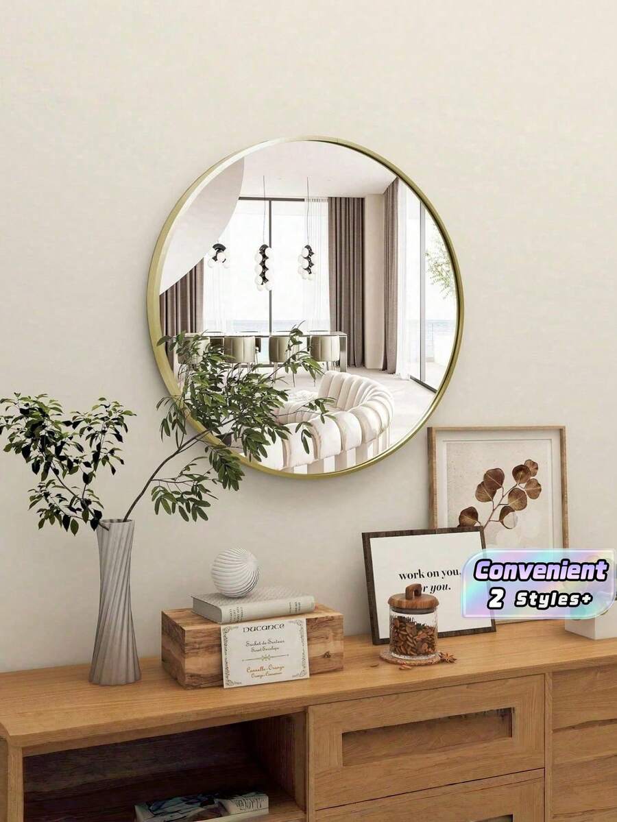 1 Round Mirror With French Gold Aluminum Frame, Stylish Round Makeup Mirror, Suitable For Bathroom/Entryway/Bedroom/Living Room/Dressing Table/Country Style Home Decor, Autumn Decoration, Cosmetic Storage, Bathroom Accessory. - Multicolor - View 1