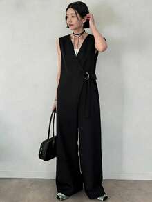 FRIFUL Women's Summer New Solid Color Layered Waist D-Ring Belt Loose Casual Versatile Jumpsuit - Black - View 5