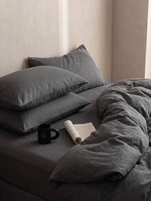 2pcs 100% Cotton Pillowcases, Natural Texture, Soft Touch, Envelope Closure, Suitable For Bedroom, Bedding - Dark Grey - View 5