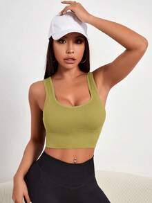 Gameset SHEIN Sport 女款素色羅紋無縫運動內衣，適合日常健身與運動 - 綠色 - 查看 4