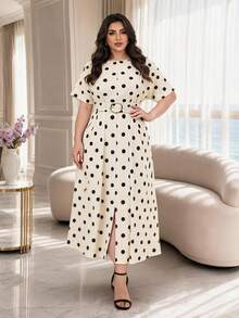 Modelyn Plus Size Women Black And White Pattern Round Neck Short Sleeve Pleated Design Elegant 70's Dress Tea Party Brunch Dinner Summer - Apricot - View 3