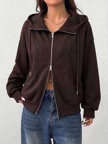 SHEIN EZwear 女款純色抽繩連帽休閒百搭日常穿著運動衫 - 咖啡棕 - 查看 3