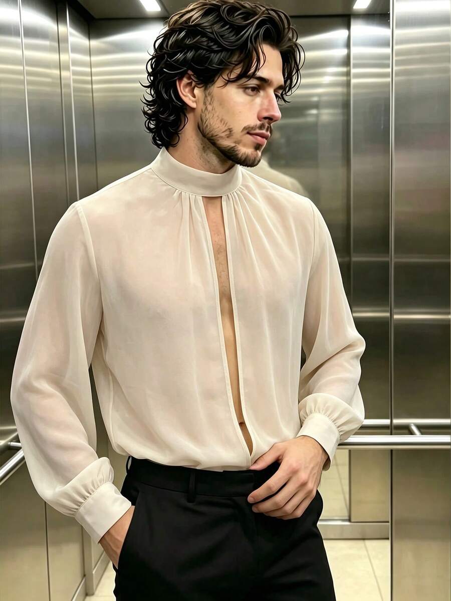 Manfinity Dauomo Men's Loose Casual Shirt With Cross Cutout - Apricot - View 1