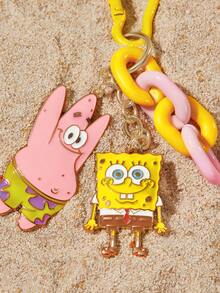 SpongeBob SquarePants | SHEIN 撞色壓克力鏈條卡通吊飾鑰匙圈，可愛雙吊牌包包掛飾 - 彩色 - 查看 2