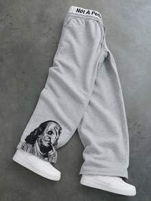 PAVTROS Men's Drawstring Waist Letter Pattern Casual Daily Sweatpants - Grey - View 2