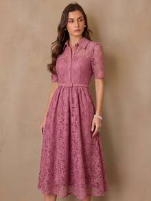 BELROSIE Elegant Elegant Women's Minimalist Chic Date Luxury High-End Exquisite Heavy Lace Fabric Shirt Collar With Belt Waist-Cinching Slimming A-Line Button-Up Front Short Sleeve Mid-Length Dress - Pink - View 7
