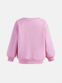 SHEIN 女童小女孩秋季時尚度假風休閒極簡蝦圖案印花柔軟圓領長袖套頭運動衫 + 綠色條紋鬆緊腰長褲 2件套 秋冬返校穿搭 - 粉色 - 查看 5