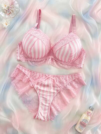 Nora Wilde Plus Size Colorful Girl Series Lace Patchwork Satin Underwire Bra & Panty Set 2pcs
