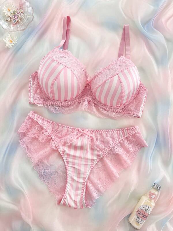 Nora Wilde Plus Size Colorful Girl Series Lace Patchwork Satin Underwire Bra & Panty Set 2pcs