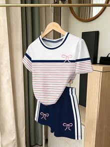 SHEIN 1套隨機盲盒韓系甜美復古豹紋蝴蝶結T恤短褲套裝，適合青少年女孩，適用於學校、日常穿著、外出、派對、拍照、夏季 - 彩色 - 查看 5