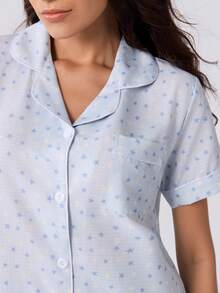 Loungeista Bubble Crinkle Little Star Print Short Sleeve Long Pants Pajama Set - Baby Blue - View 7
