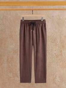 HIMLAND 男士亞麻套裝 深褐色兩件式休閒套裝 短袖立領襯衫 抽繩休閒長褲 夏季沙灘穿搭 文藝簡約男裝 - 棕色 - 查看 9
