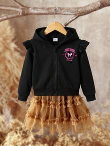 SHEIN 女童秋冬 3D 愛心圖案荷葉邊拉鍊連帽外套，長袖法蘭絨材質，優雅可愛，高品質，百搭實用，適合外出、日常穿著、上學，適配白色襯衫，適合開學與校園穿搭 - 黑色 - 查看 1