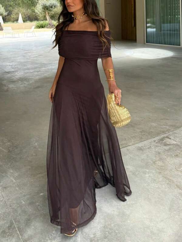Siren Gaze Vestido elegante de unicolor con pliegues y hombros descubiertos para mujer