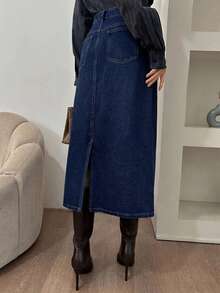 DAZY Autumn/Winter Straight Mid-Length Dark Blue Washed Commuter Style Women's Denim Skirt - Blue - View 6