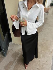 DAZY Blouse femme slim fit unie, col rabattu, manches longues à poignets évasés, taille cintrée, style décontracté, nouvelle collection automne - Blanc - Voir 6
