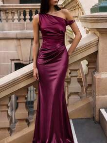 Firerie Elegant Burgundy Metallic Glitter Satin Patchwork Asymmetric Shoulder Buckle Decor Fishtail Dress Fall Wedding - Purple - View 8