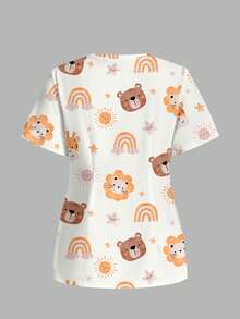 PopScrub Cute Bear Giraffe Lion Print Casual Maid Anime Scrub Uniform Minimalist Scrub Top Work White Autumn - Multicolor - View 2