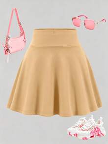 SHEIN Sparklyn 女童休閒百搭運動健身芭蕾舞學院風針織緊身褲裙 - 卡其色 - 查看 4